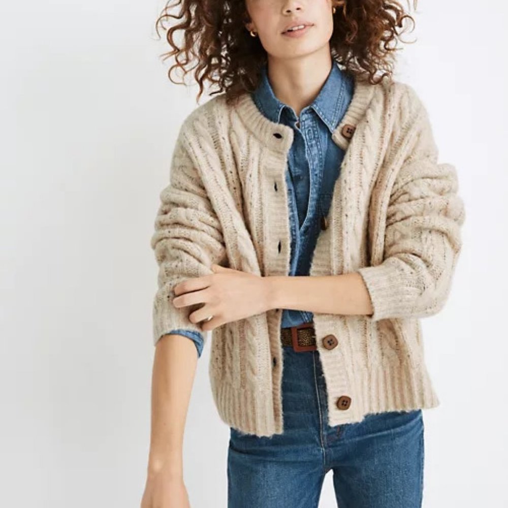 Madewell Pointelle Cable Cardigan Sweater Cream Chunky Knit Italian Yarn Wool